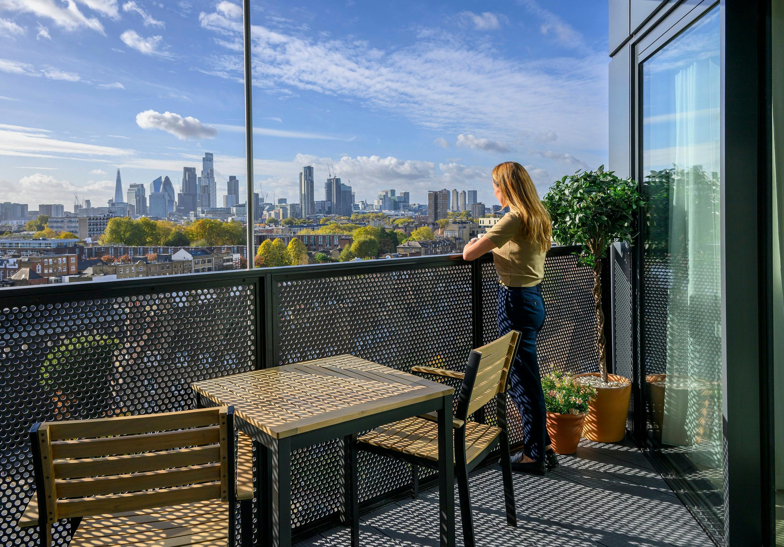 Views towards the London skyline from a Regent’s View balcony